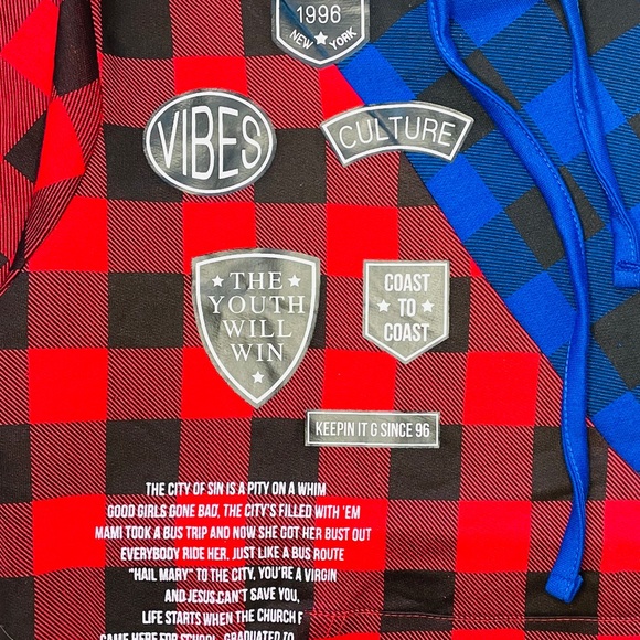 ENYCE Sean Combs Hoodie Sweatshirt Short Sleeve Blue Red Plaid SLIM Womens Large - Picture 4 of 7